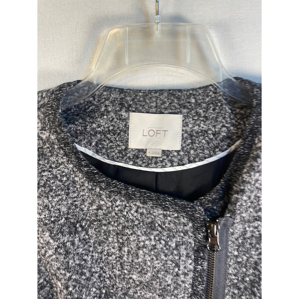 LOFT Grey Salt and Pepper Tweed Asymmetrical Zip Moto Jacket Womens Size 4 - Picture 6 of 7